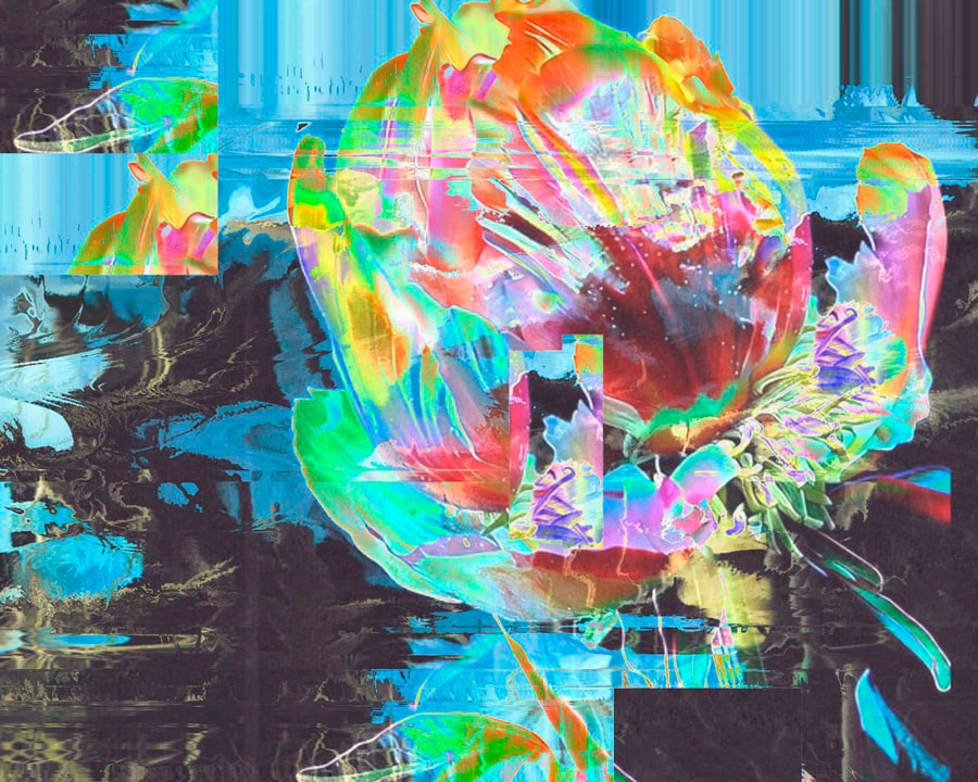 TouchDesigner garden archive collage expressing hybrid organic-digital forms through layered scans and motion traces